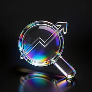 Iridescent search icon with a rising chart